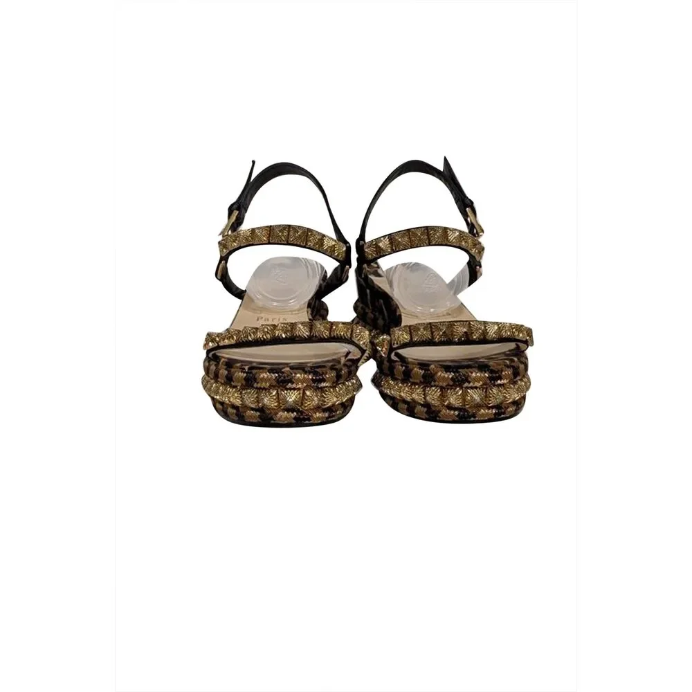 Christian Louboutin - Gold & Black Print Wedge Pyraclou Sandal Heels Sz 8